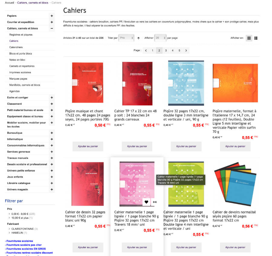 Catalogue papeterie scolaire discount sous Magento Commerce